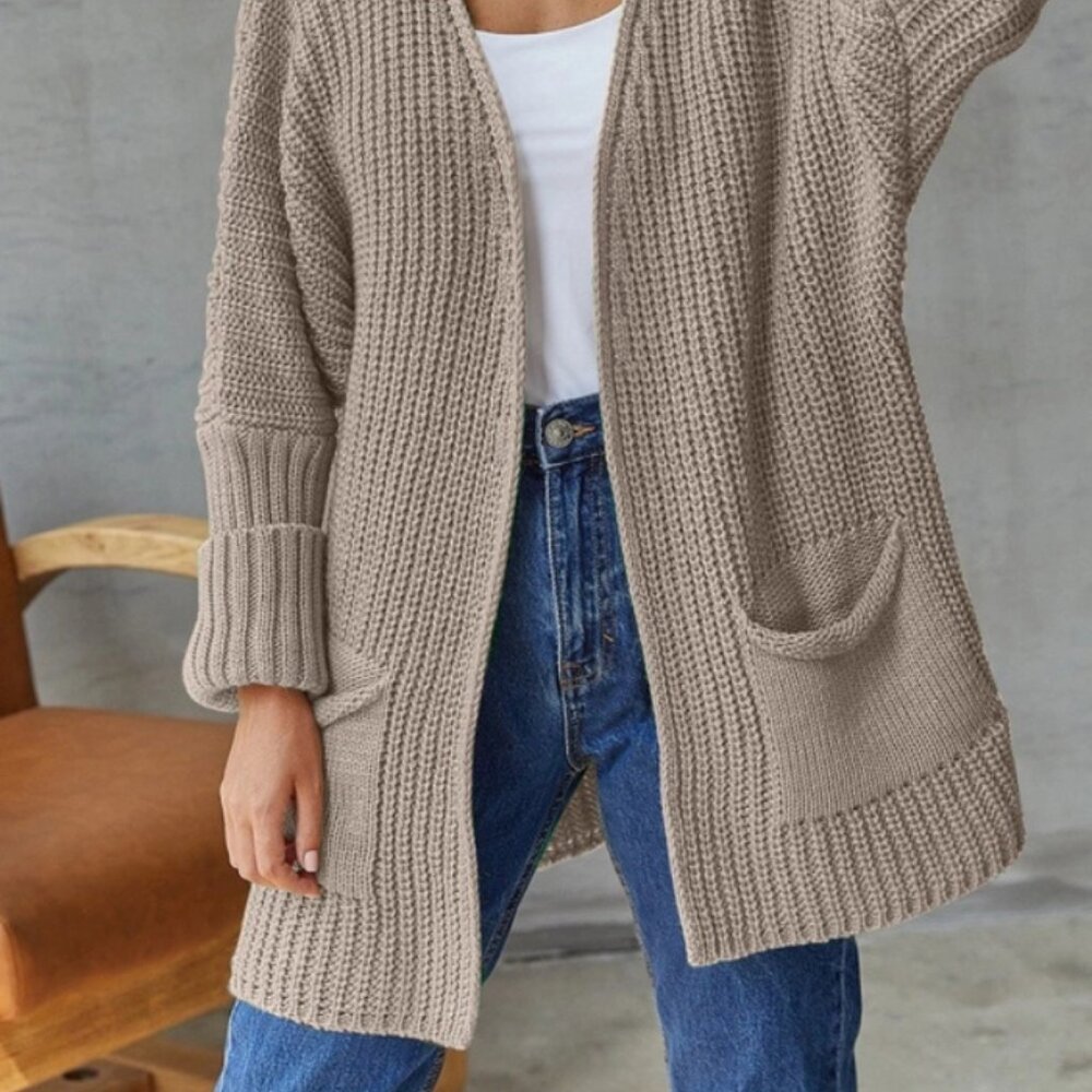 Solid Color Pocket Mid-Length Knitted Cardigan "K… - image 2